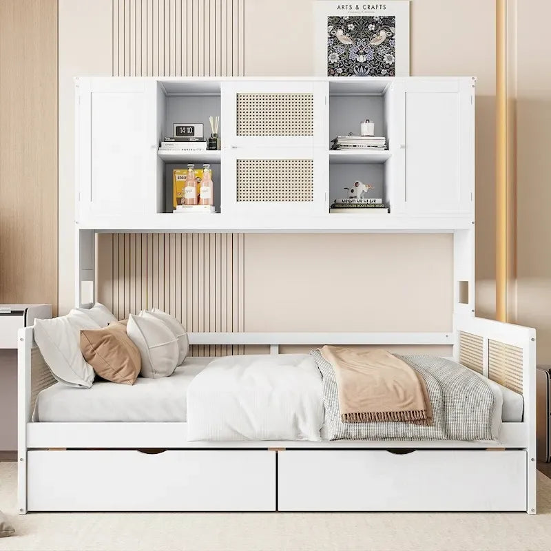 Banquette-lit de rangement en bois avec étagères armoire tiroirs rotin blanc gris