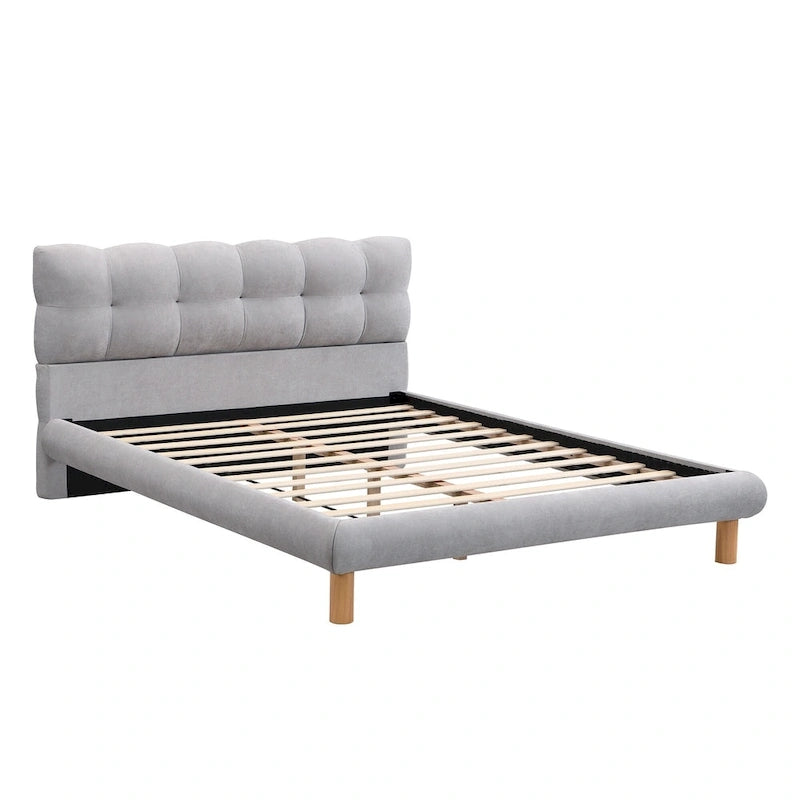 Lit plateforme Queen rembourré en chenille grise avec tête de lit touffetée Cookie