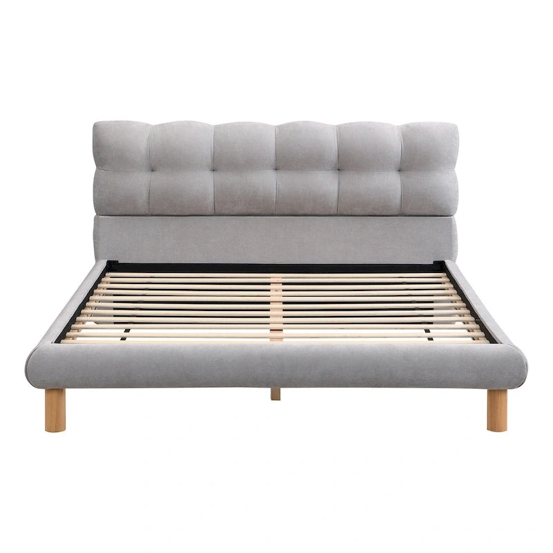 Lit plateforme Queen rembourré en chenille grise avec tête de lit touffetée Cookie