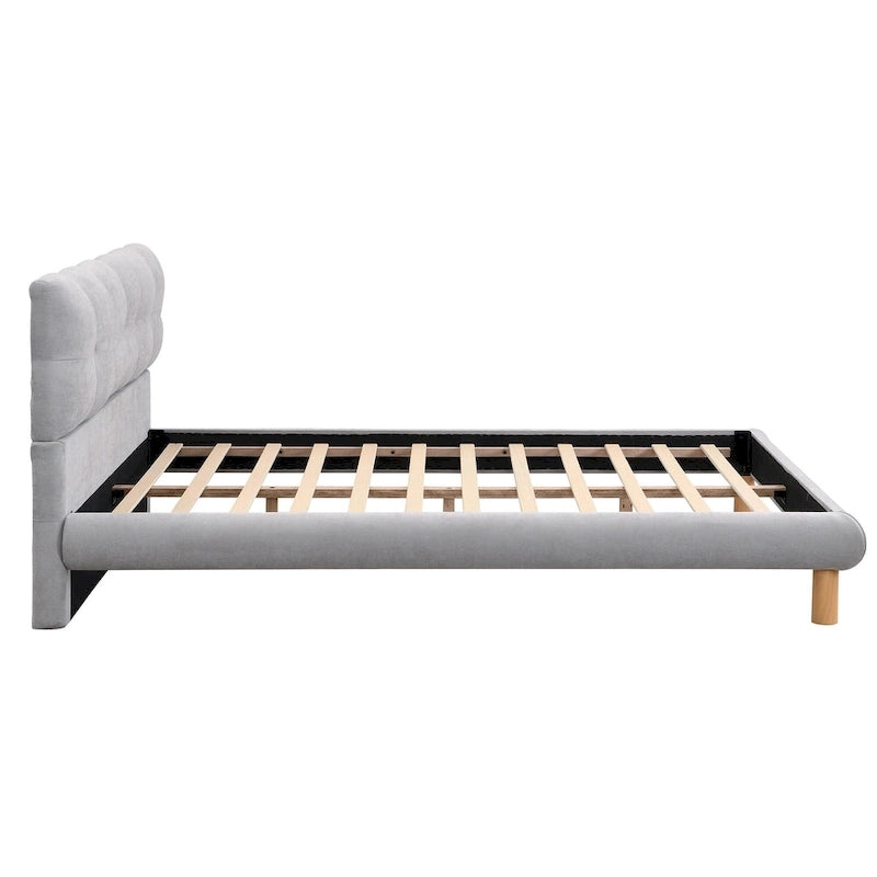 Lit plateforme Queen rembourré en chenille grise avec tête de lit touffetée Cookie