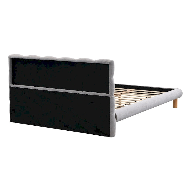 Lit plateforme Queen rembourré en chenille grise avec tête de lit touffetée Cookie