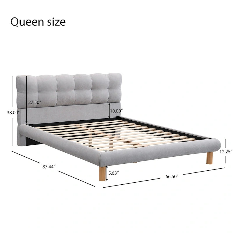 Lit plateforme Queen rembourré en chenille grise avec tête de lit touffetée Cookie