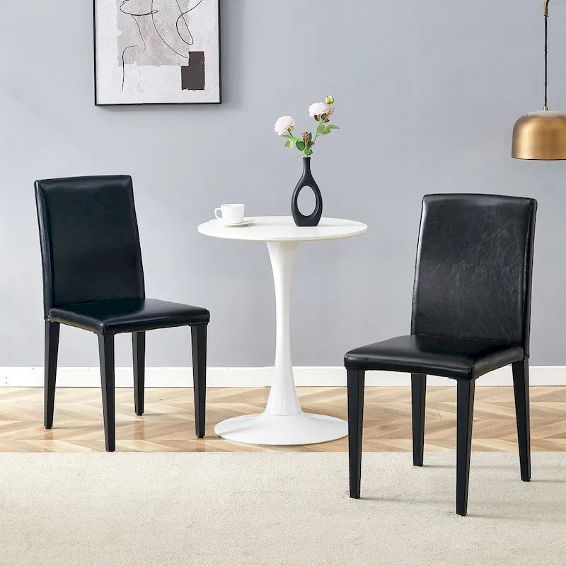 Chaise de salle à manger sans accoudoirs à dossier haut en similicuir noir, rembourrage doux, pieds en métal