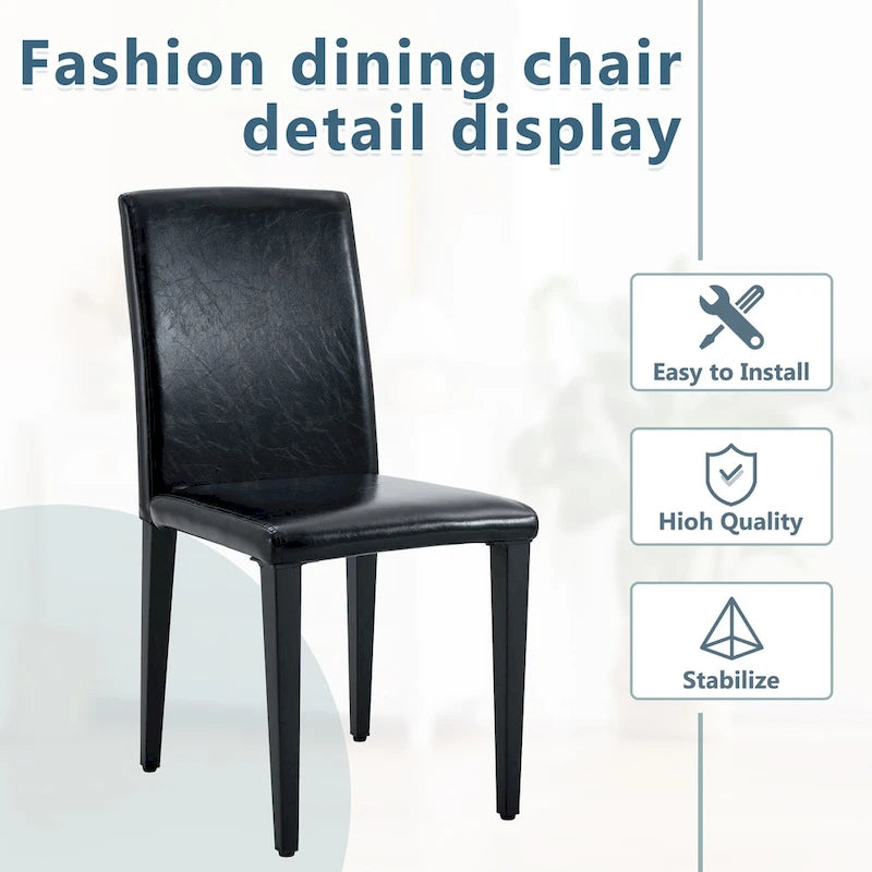 Chaise de salle à manger sans accoudoirs à dossier haut en similicuir noir, rembourrage doux, pieds en métal