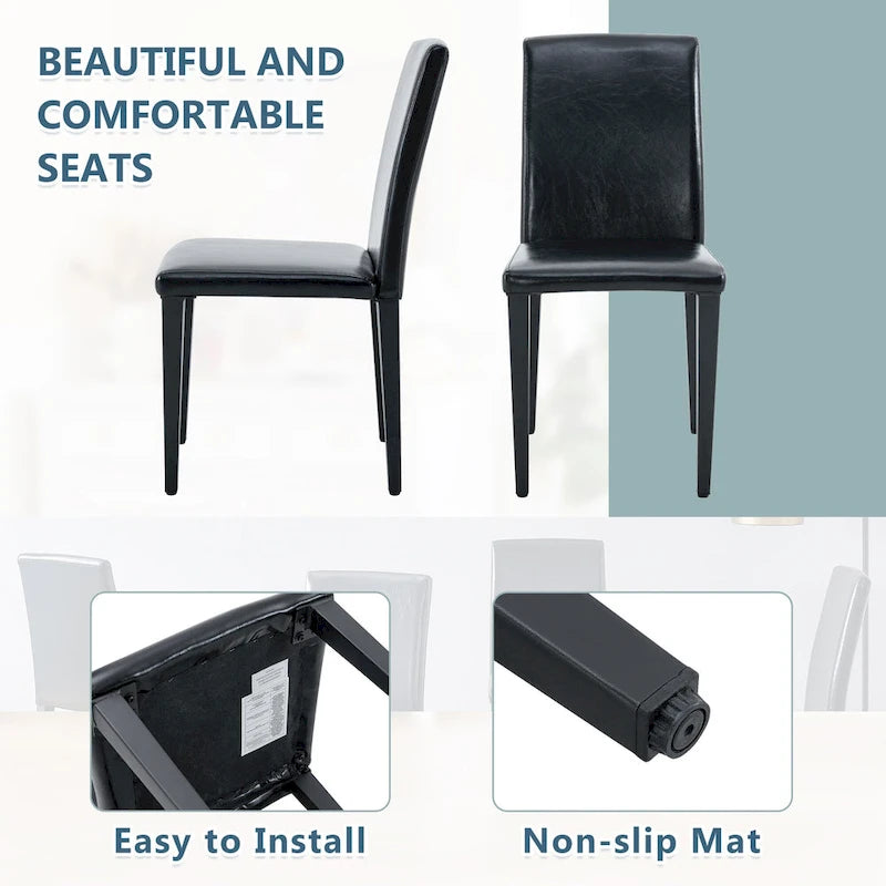 Chaise de salle à manger sans accoudoirs à dossier haut en similicuir noir, rembourrage doux, pieds en métal