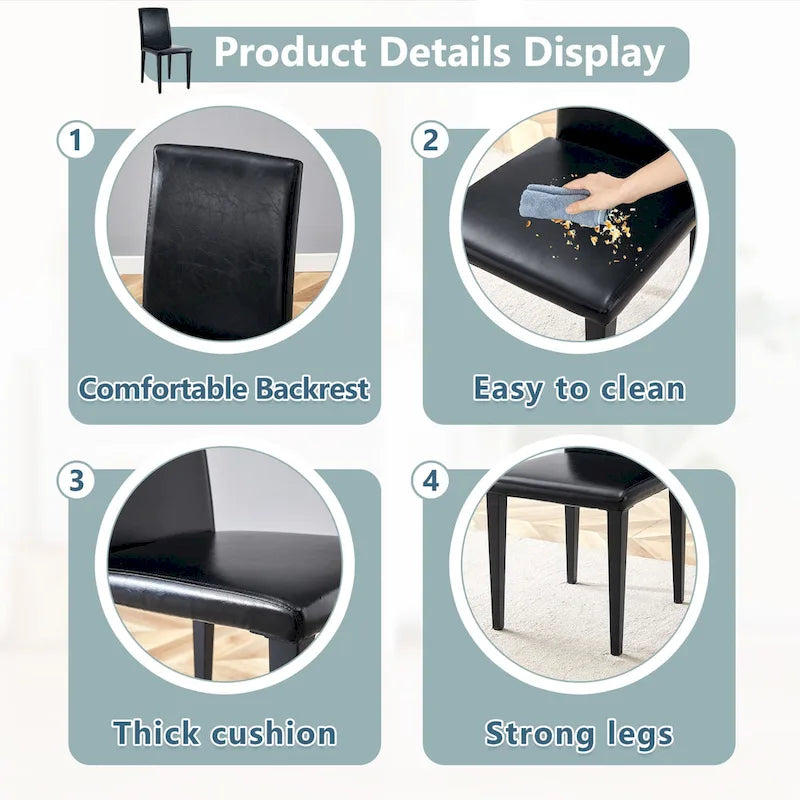Chaise de salle à manger sans accoudoirs à dossier haut en similicuir noir, rembourrage doux, pieds en métal