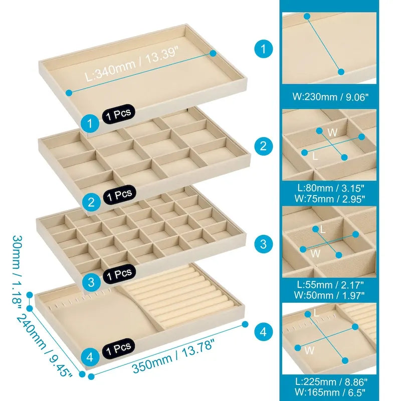 Plateau à Bijoux, Lot de 4 - Présentoir à Bijoux Empilable avec Couvercle