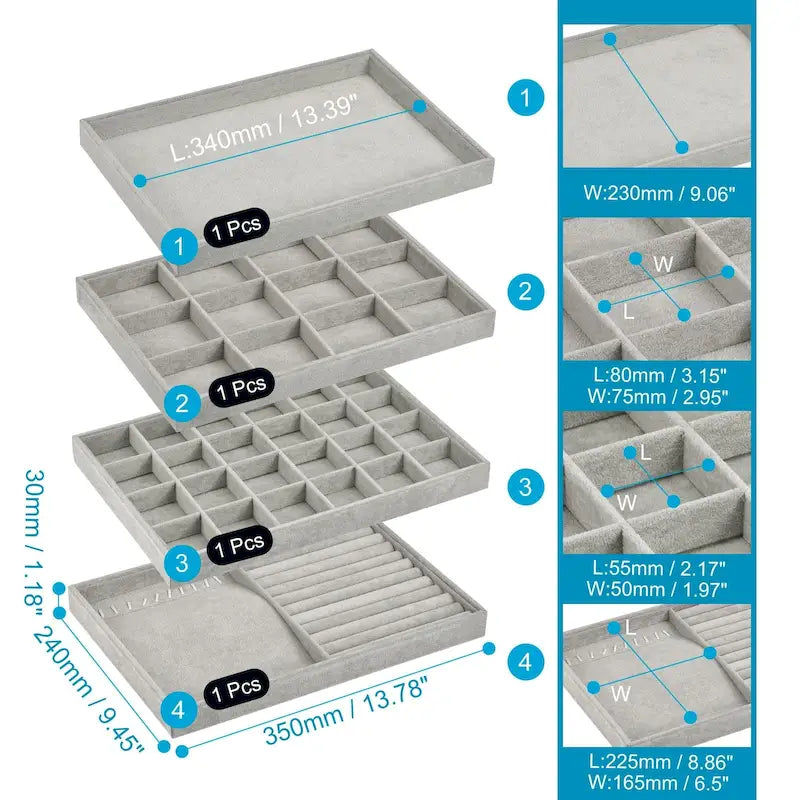 Plateau à Bijoux, Lot de 4 - Présentoir à Bijoux Empilable avec Couvercle