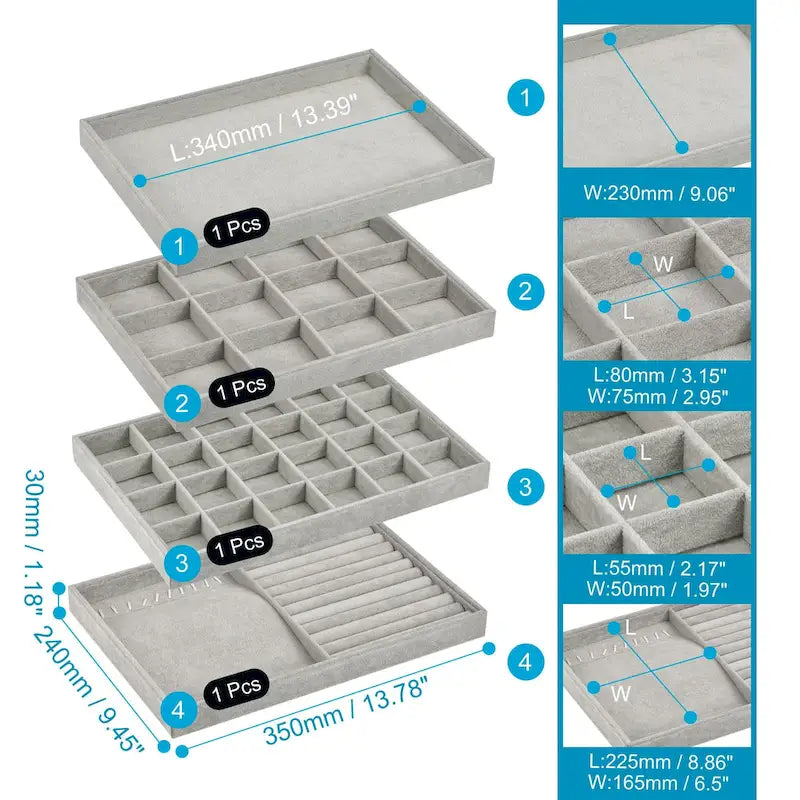 Plateau à Bijoux, Lot de 4 - Présentoir à Bijoux Empilable avec Couvercle