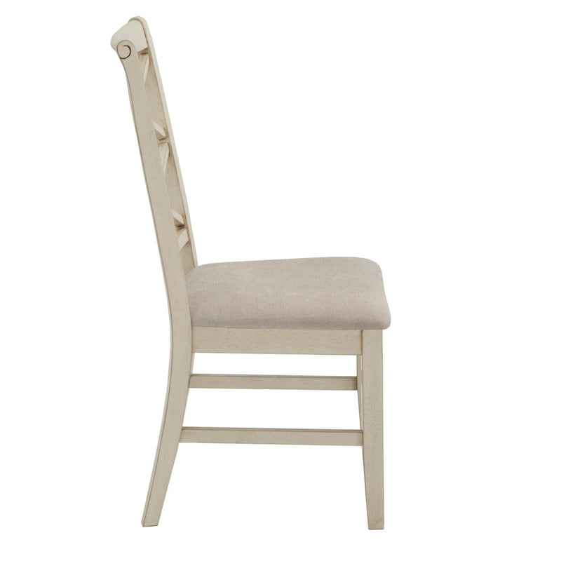 Chaise de salle à manger antique rembourrée à dossier croisé blanc avec cadre en bois