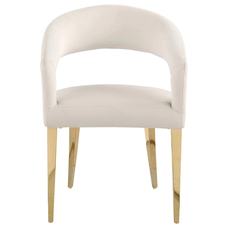 Fauteuil de salle à manger à dossier ouvert incurvé avec pieds dorés champagne et revêtement en tissu blanc