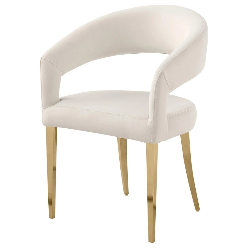 Fauteuil de salle à manger à dossier ouvert incurvé avec pieds dorés champagne et revêtement en tissu blanc