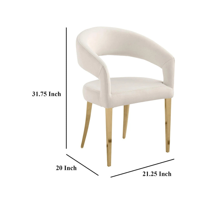 Fauteuil de salle à manger à dossier ouvert incurvé avec pieds dorés champagne et revêtement en tissu blanc
