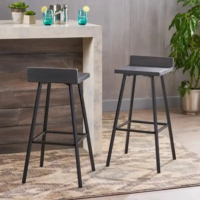 Tabouret de bar en bois d'acacia avec pieds en fer et dossier bas, marron et gris