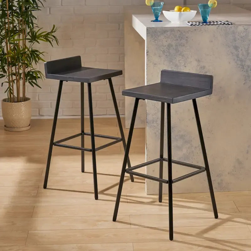 Tabouret de bar en bois d'acacia avec pieds en fer et dossier bas, marron et gris