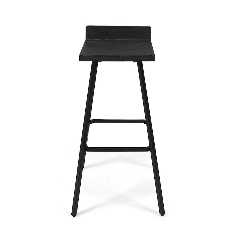 Tabouret de bar en bois d'acacia avec pieds en fer et dossier bas, marron et gris
