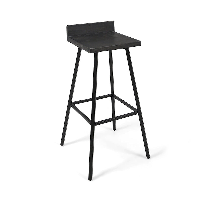 Tabouret de bar en bois d'acacia avec pieds en fer et dossier bas, marron et gris