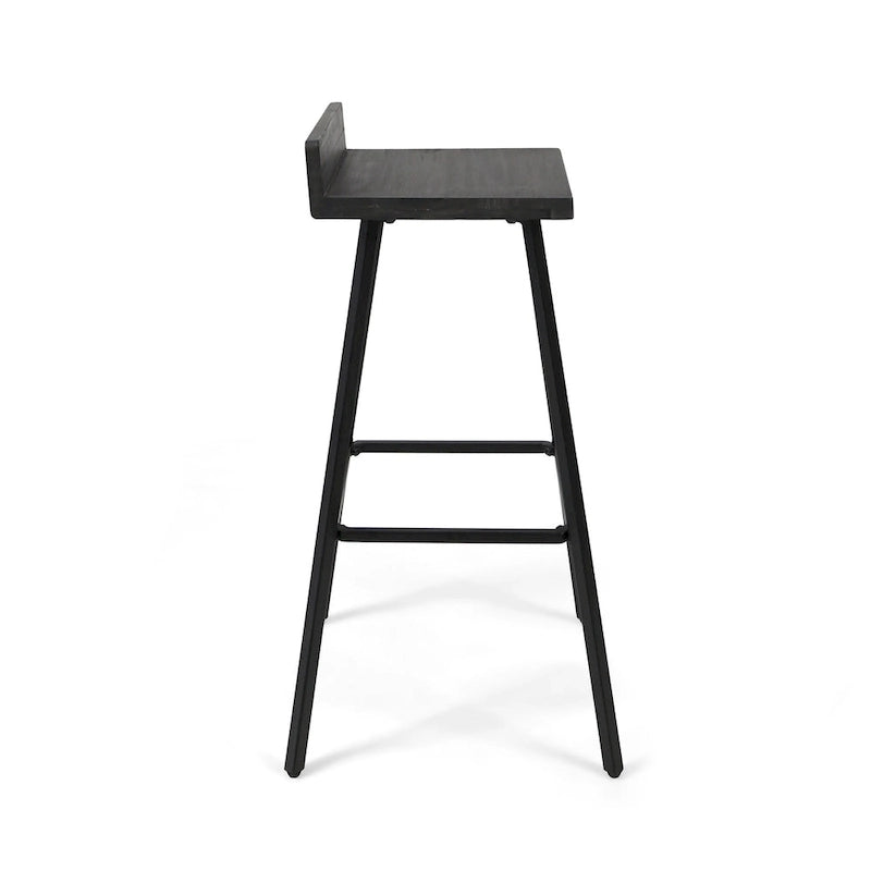 Tabouret de bar en bois d'acacia avec pieds en fer et dossier bas, marron et gris
