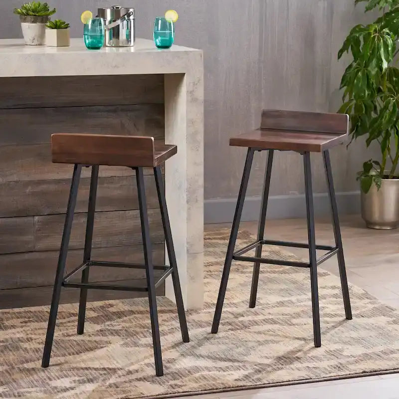 Tabouret de bar en bois d'acacia avec pieds en fer et dossier bas, marron et gris