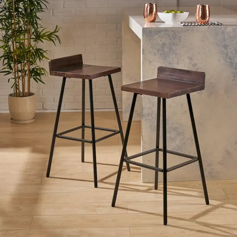 Tabouret de bar en bois d'acacia avec pieds en fer et dossier bas, marron et gris
