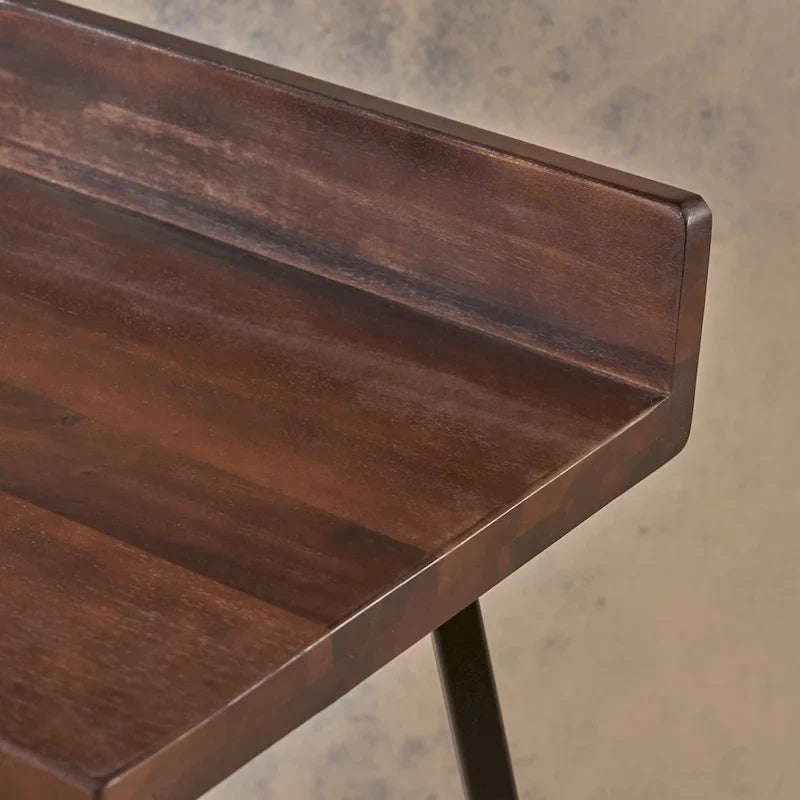Tabouret de bar en bois d'acacia avec pieds en fer et dossier bas, marron et gris