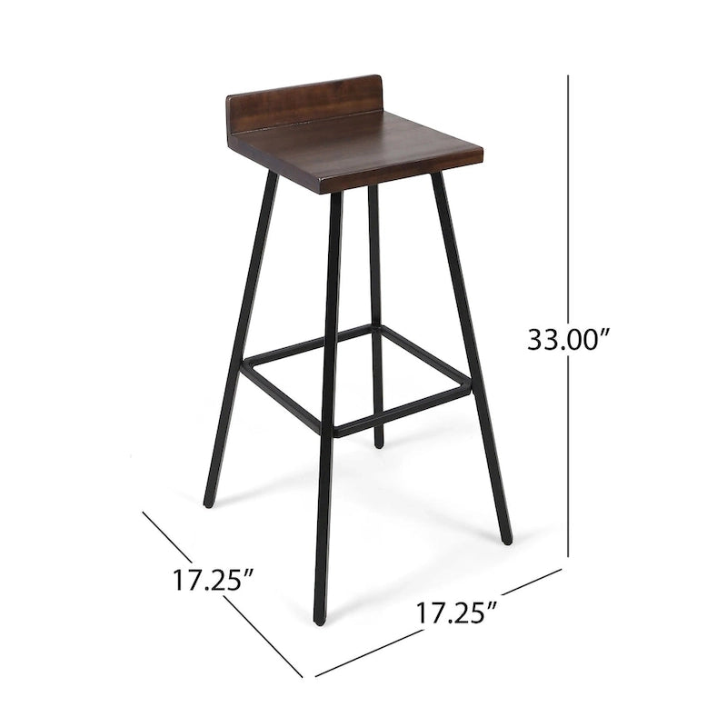 Tabouret de bar en bois d'acacia avec pieds en fer et dossier bas, marron et gris