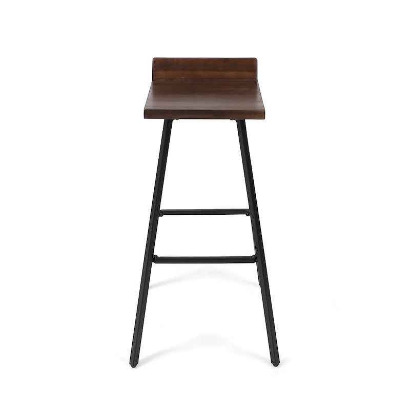 Tabouret de bar en bois d'acacia avec pieds en fer et dossier bas, marron et gris