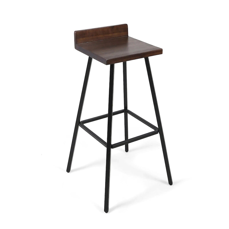 Tabouret de bar en bois d'acacia avec pieds en fer et dossier bas, marron et gris