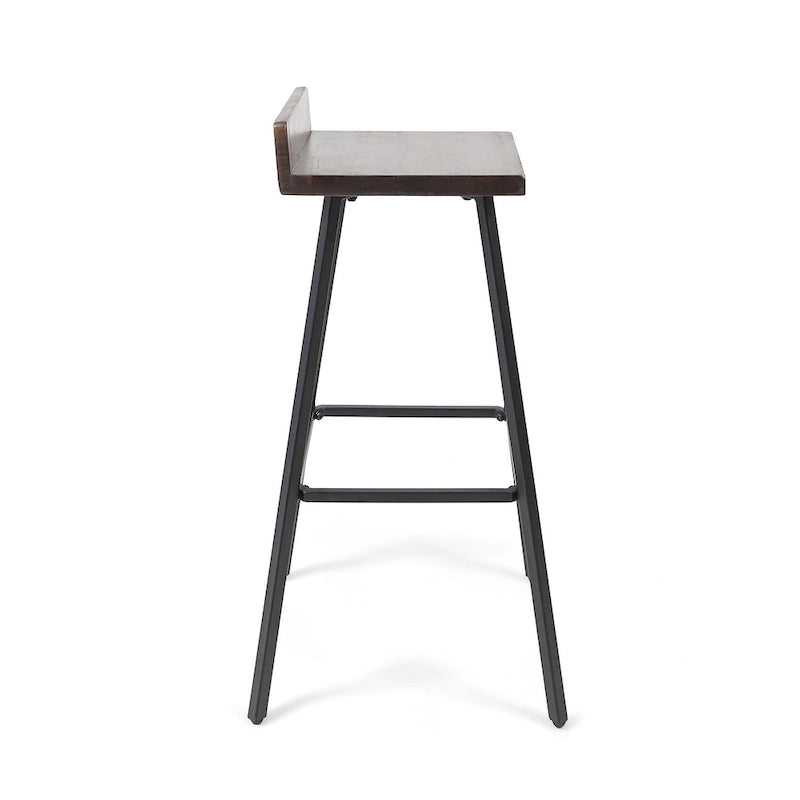 Tabouret de bar en bois d'acacia avec pieds en fer et dossier bas, marron et gris