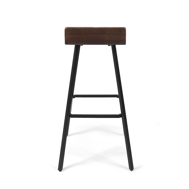 Tabouret de bar en bois d'acacia avec pieds en fer et dossier bas, marron et gris