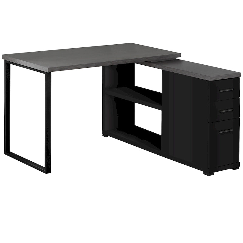 Bureau d'ordinateur d'angle en bois gris et noir avec tiroirs et cadre en métal