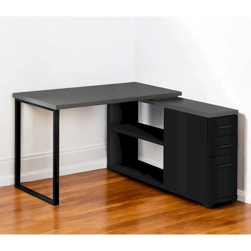 Bureau d'ordinateur d'angle en bois gris et noir avec tiroirs et cadre en métal