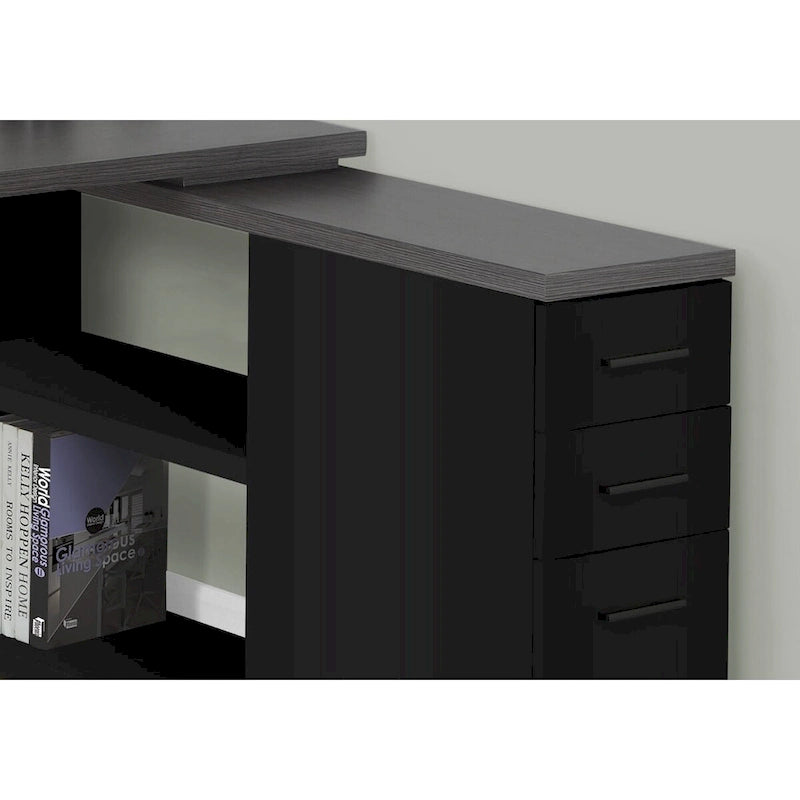 Bureau d'ordinateur d'angle en bois gris et noir avec tiroirs et cadre en métal