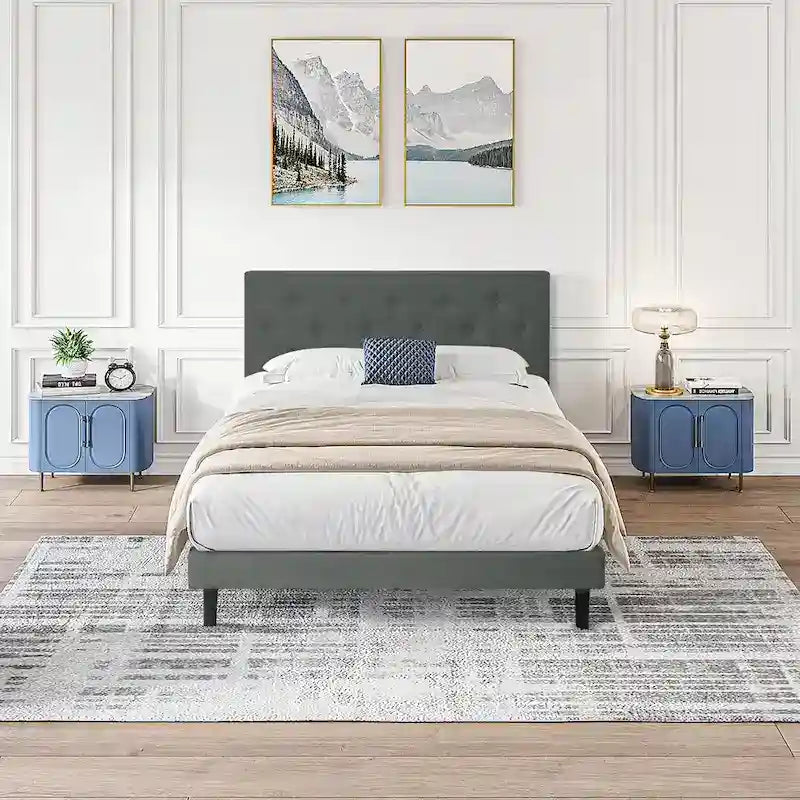 Dark Gray Twin Size Upholstered Bed Frame with Button Tufted Linen Headboard