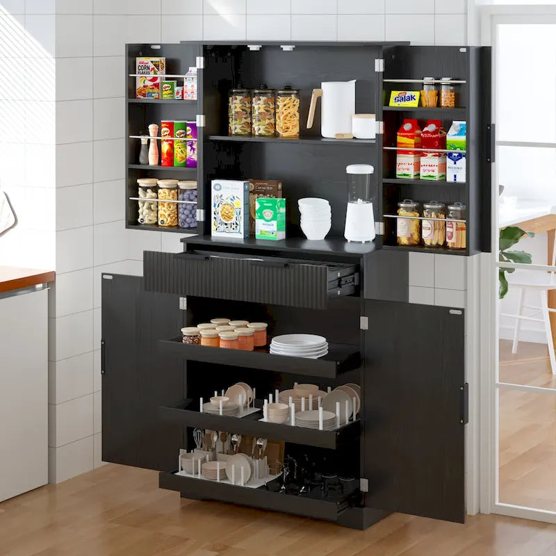 Grand garde-manger de cuisine autoportant noir avec tiroirs et étagères de porte réglables
