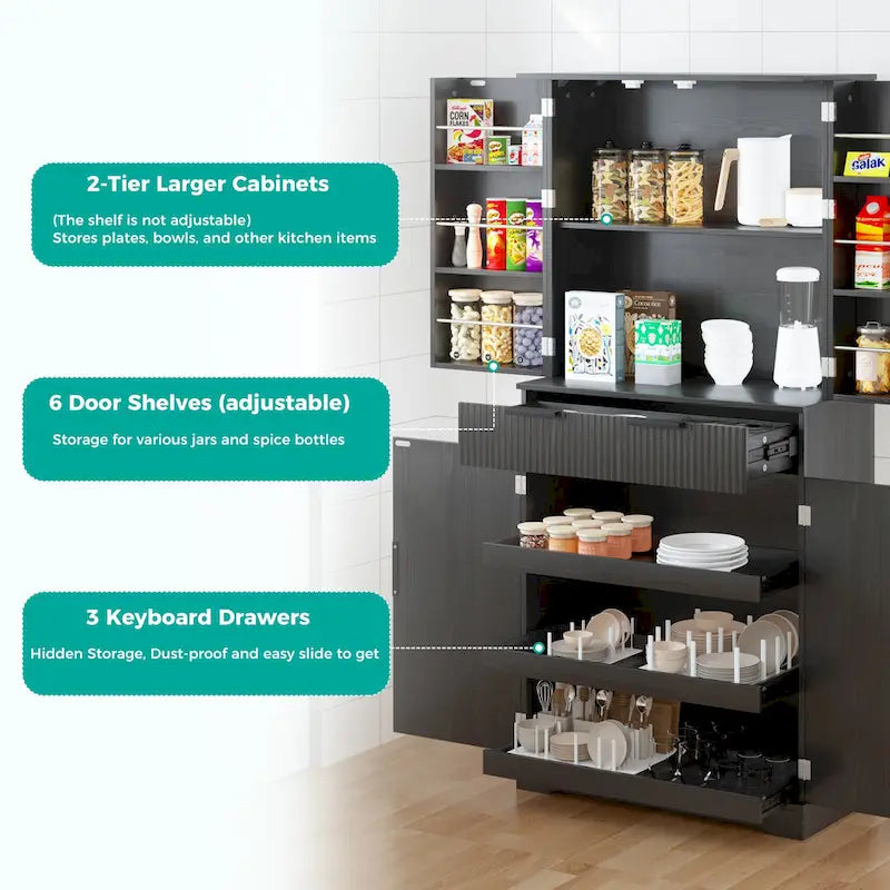 Grand garde-manger de cuisine autoportant noir avec tiroirs et étagères de porte réglables
