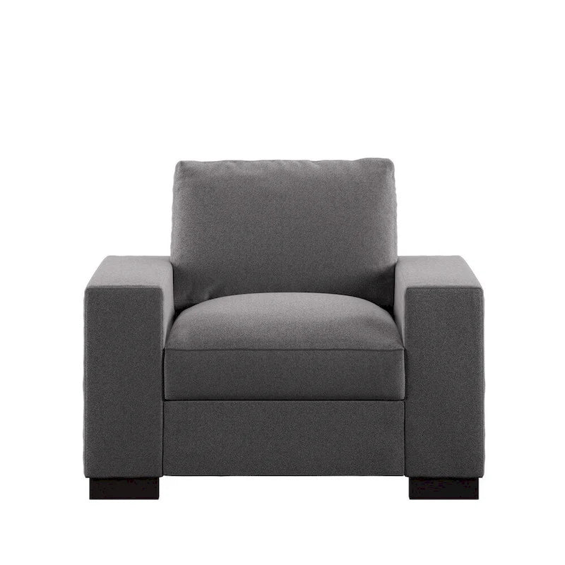 Fauteuil d'appoint en tissu gris avec coussins en plumes, accoudoirs droits et pieds expresso