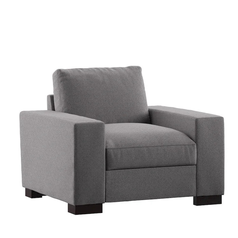 Fauteuil d'appoint en tissu gris avec coussins en plumes, accoudoirs droits et pieds expresso