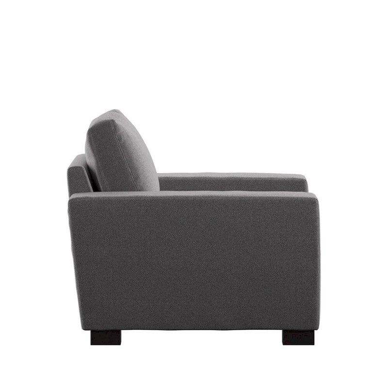 Fauteuil d'appoint en tissu gris avec coussins en plumes, accoudoirs droits et pieds expresso