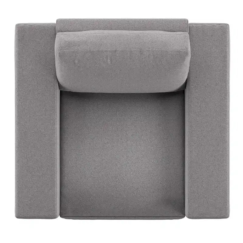 Fauteuil d'appoint en tissu gris avec coussins en plumes, accoudoirs droits et pieds expresso