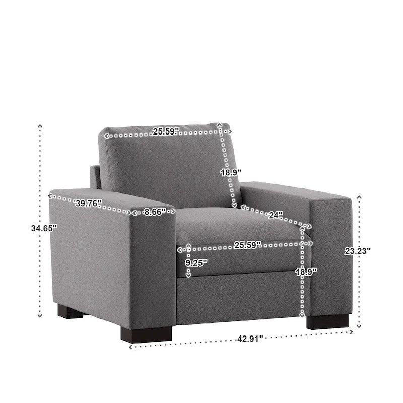 Fauteuil d'appoint en tissu gris avec coussins en plumes, accoudoirs droits et pieds expresso