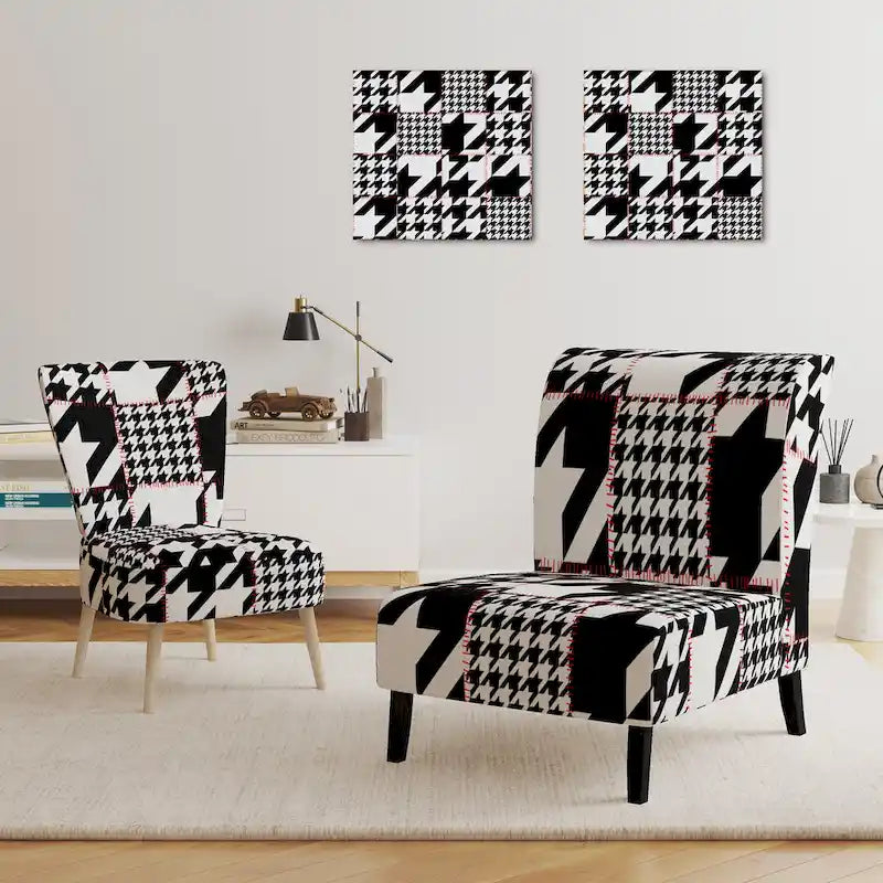 Fauteuil d'appoint moderniste en tissu pied-de-poule noir et blanc
