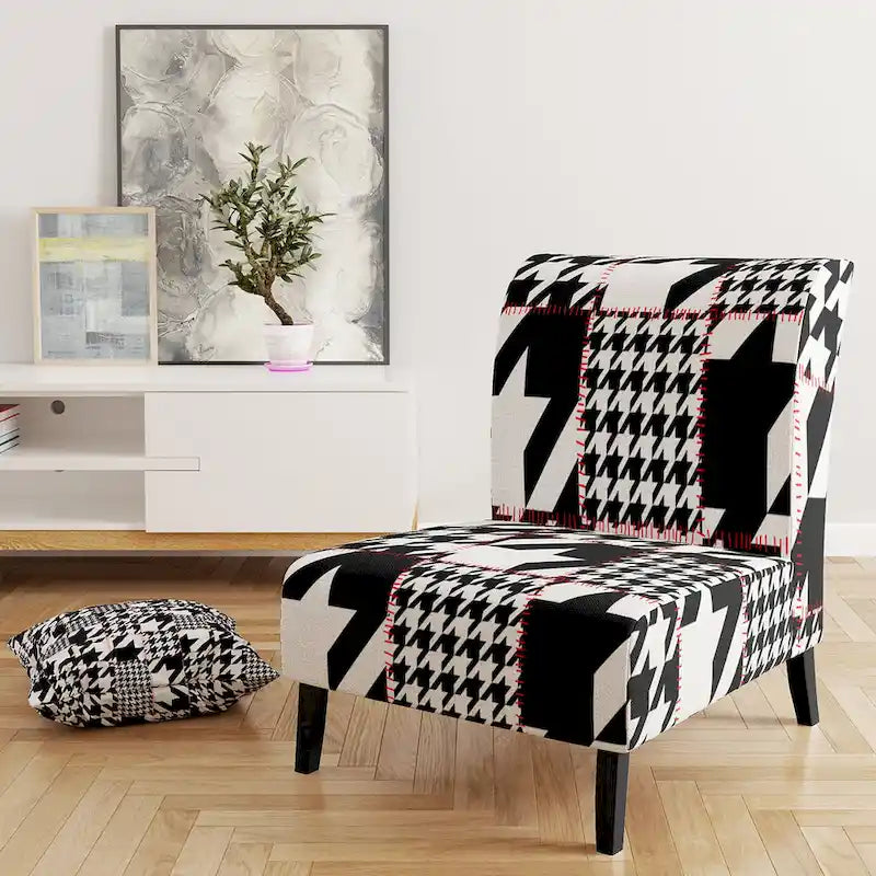Fauteuil d'appoint moderniste en tissu pied-de-poule noir et blanc