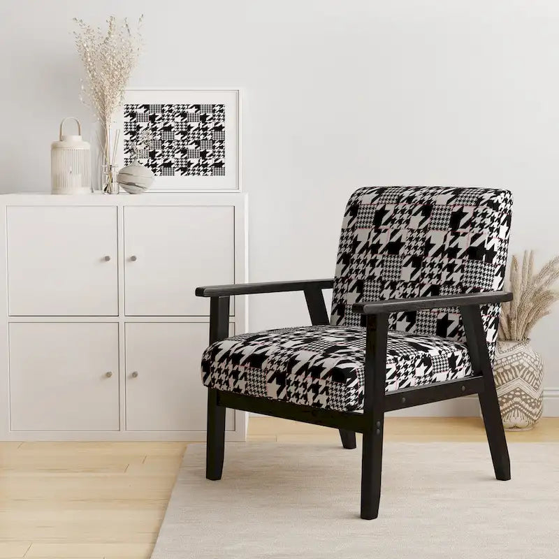 Fauteuil d'appoint moderniste en tissu pied-de-poule noir et blanc