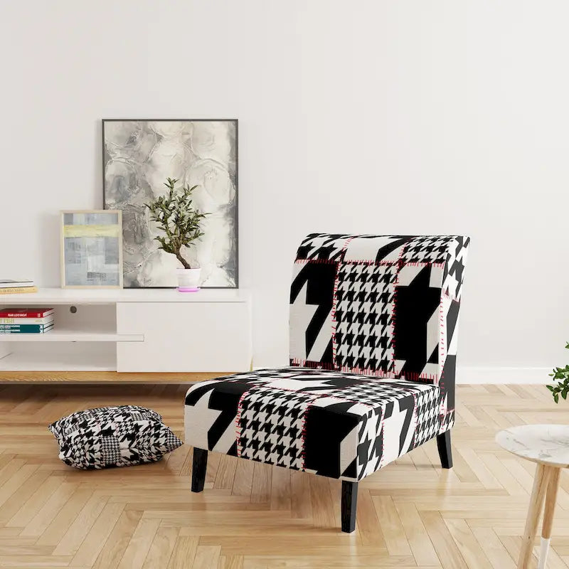 Fauteuil d'appoint moderniste en tissu pied-de-poule noir et blanc