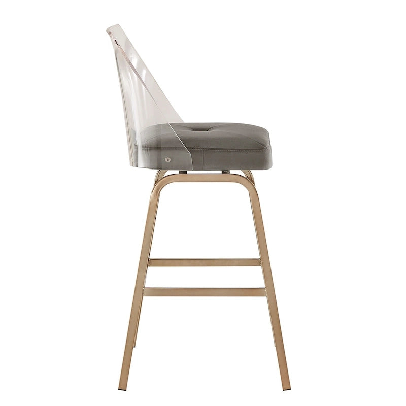 Tabouret de bar pivotant en velours avec dossier en acrylique et piètement en métal