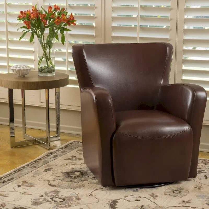 Fauteuil club en cuir reconstitué avec base pivotante et finition expresso