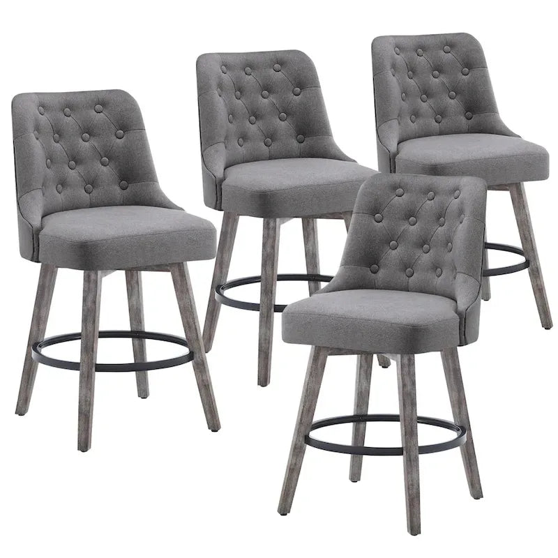 Tabouret de bar pivotant capitonné avec pieds aspect bois en lin gris foncé