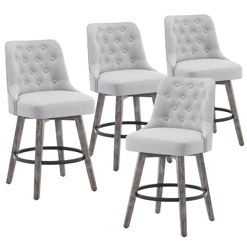 Tabouret de bar pivotant capitonné avec pieds aspect bois en lin gris foncé