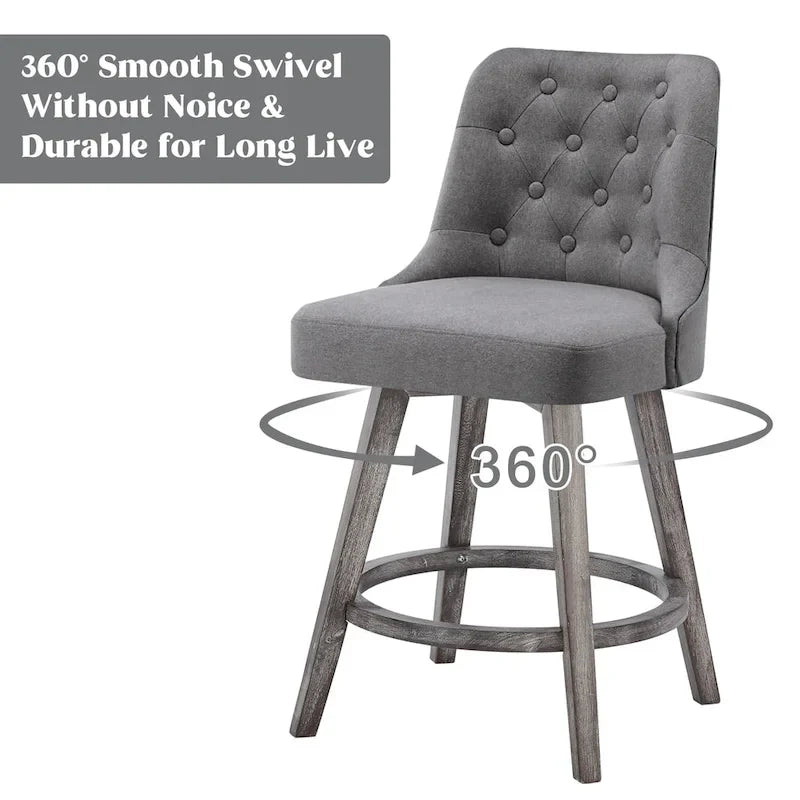 Tabouret de bar pivotant capitonné avec pieds aspect bois en lin gris foncé